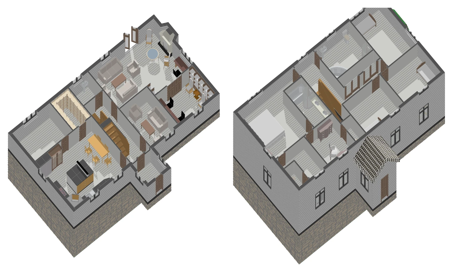 Foxhole House II — cut-away floor views — Each floor lifted off and seen from above, furnished