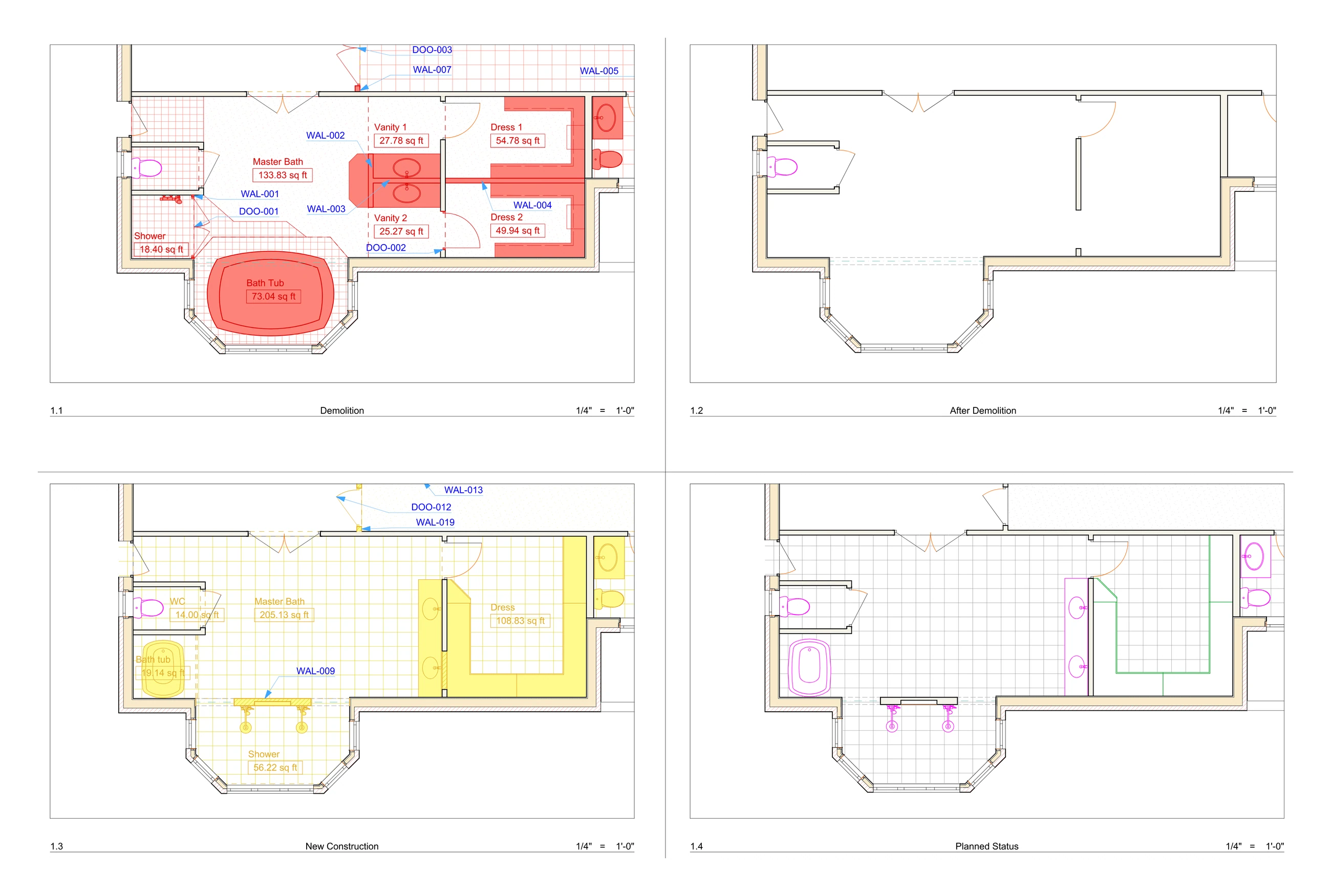 Residence renovation — master bath — Demolition, after demolition, new work and the planned layout on one sheet