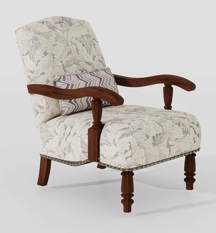 Armchair — floral linen, turned walnut — Chairs