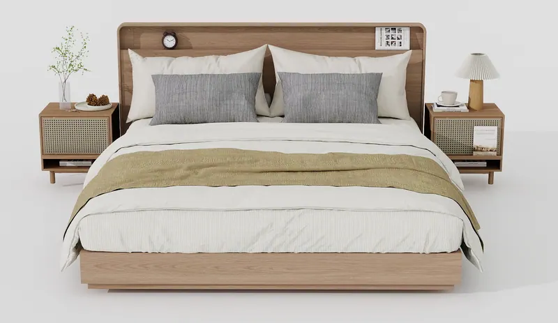 Oak bed with cane nightstands — Beds