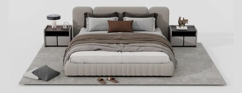 Upholstered bed with side tables — Beds