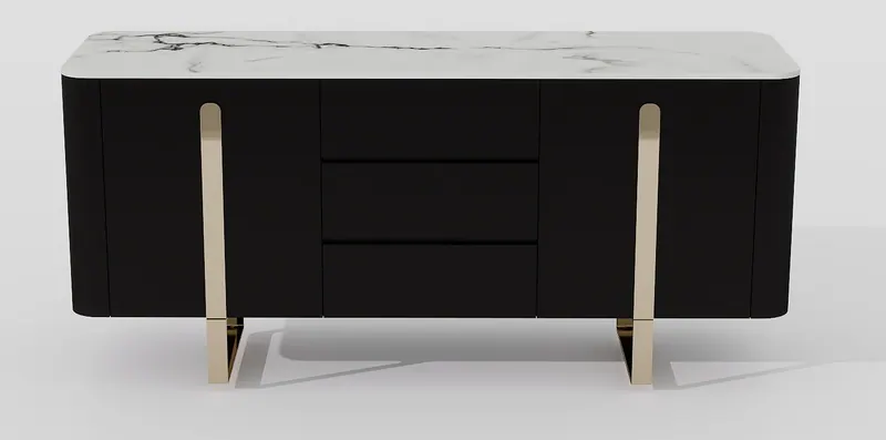 Marble-top sideboard — black and brass — Consoles and sideboards