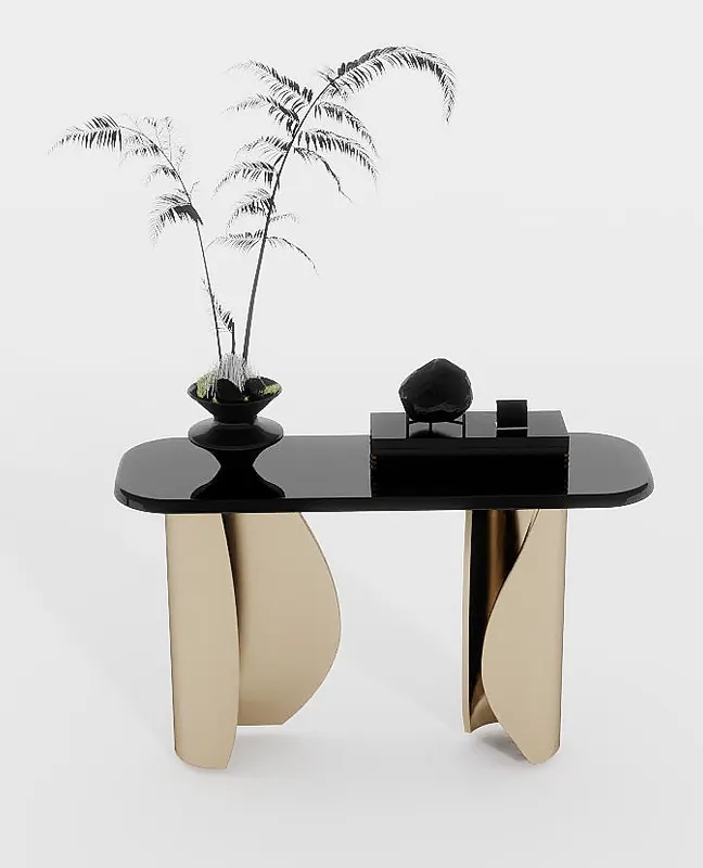 Console table — brass and black glass — Consoles and sideboards
