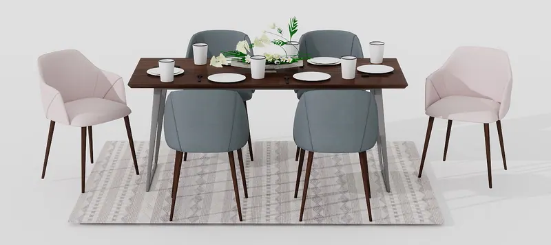 Dining table, laid for six — Dining