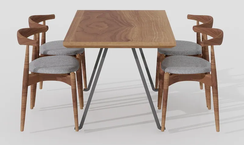 Walnut dining set — hairpin legs — Dining