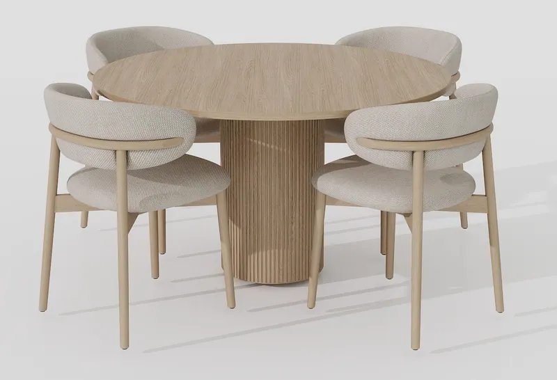 Round oak dining set — fluted pedestal — Dining