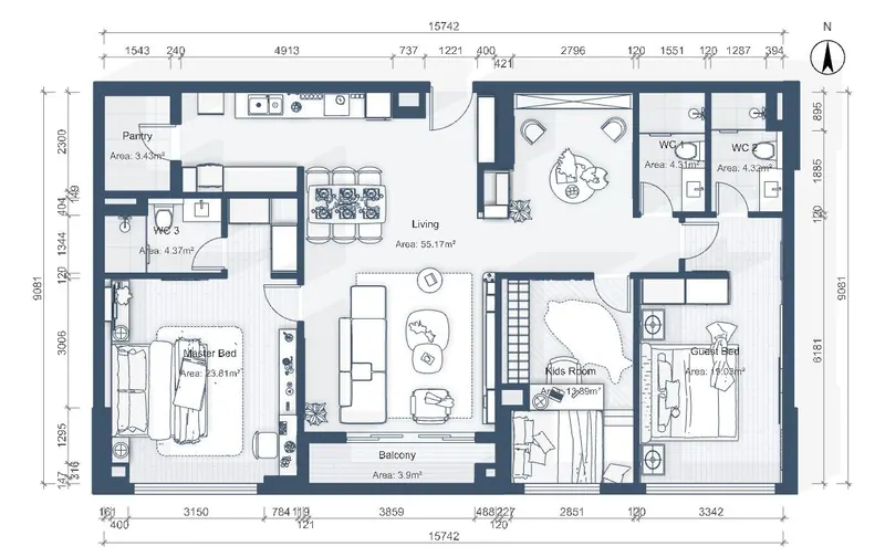 Three-bed apartment — furnished plan — Furnished plan