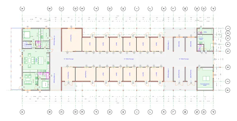Fourteen-stall barn — ground floor plan — Fourteen stalls on a 14-foot passage, feed rooms, wash and grooming stalls, and the living quarters