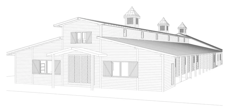 Fourteen-stall barn — perspective — The barn from the model: the entrance gable, cupolas and the stall wing