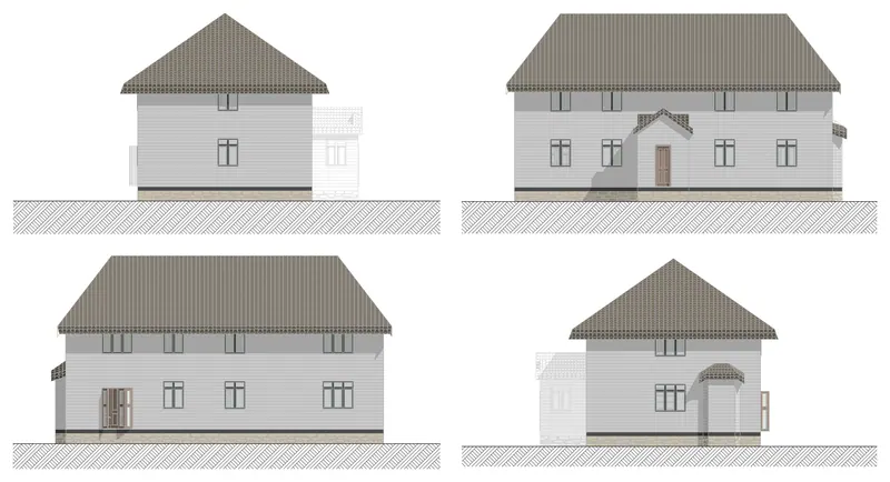 Foxhole House II — four elevations — All four sides, weatherboard over a stone plinth
