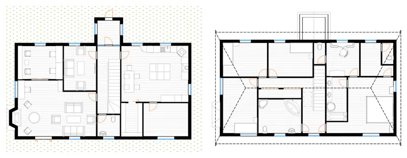 Foxhole House II — ground and first floor plans — Ground floor with the living rooms; first floor with the bedrooms under the hipped roof