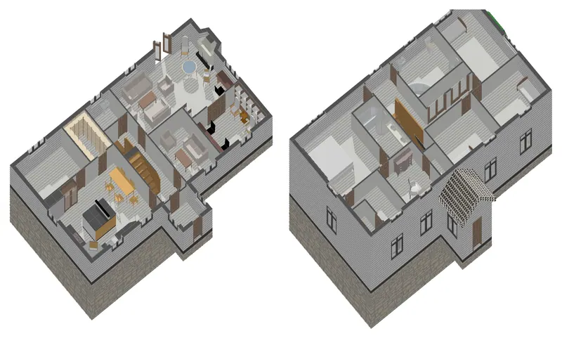 Foxhole House II — cut-away floor views — Each floor lifted off and seen from above, furnished