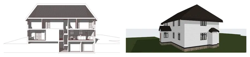 Foxhole House II — section and exterior — Cut through the living spaces, and the house in its setting