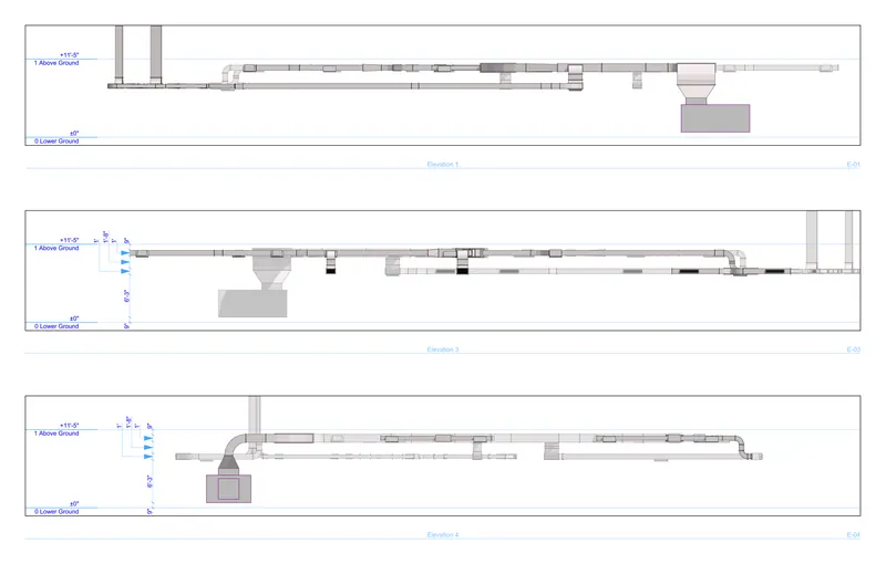 Office HVAC retrofit — duct elevations — Three runs in elevation, dimensioned from the lower ground level