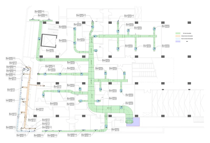 Office HVAC retrofit — ducting plan — Over the existing floor, colour-coded: insulated supply, exhaust and fresh air, each run tagged with size and level