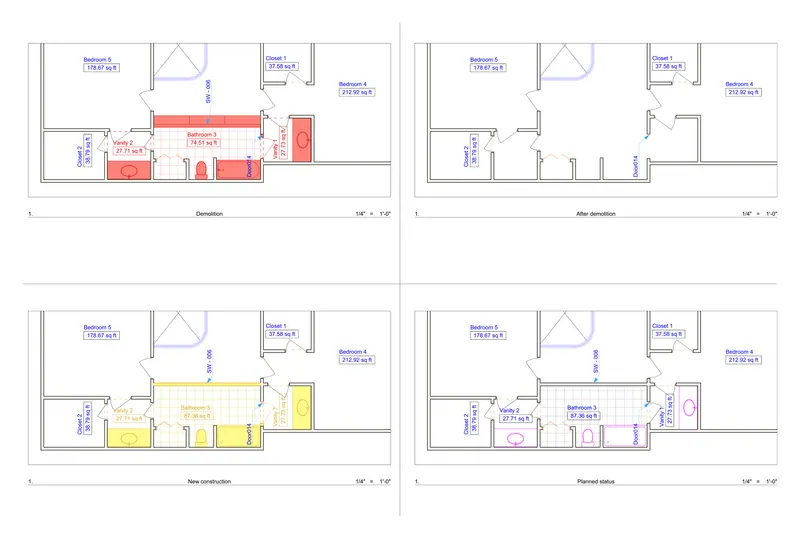 Residence renovation — bathroom 3 — Bathroom 3 and its closets, between bedrooms 4 and 5 — the same four stages