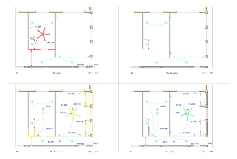 Residence renovation — bedrooms lighting — Ceiling fans, downlights and switching, before and after