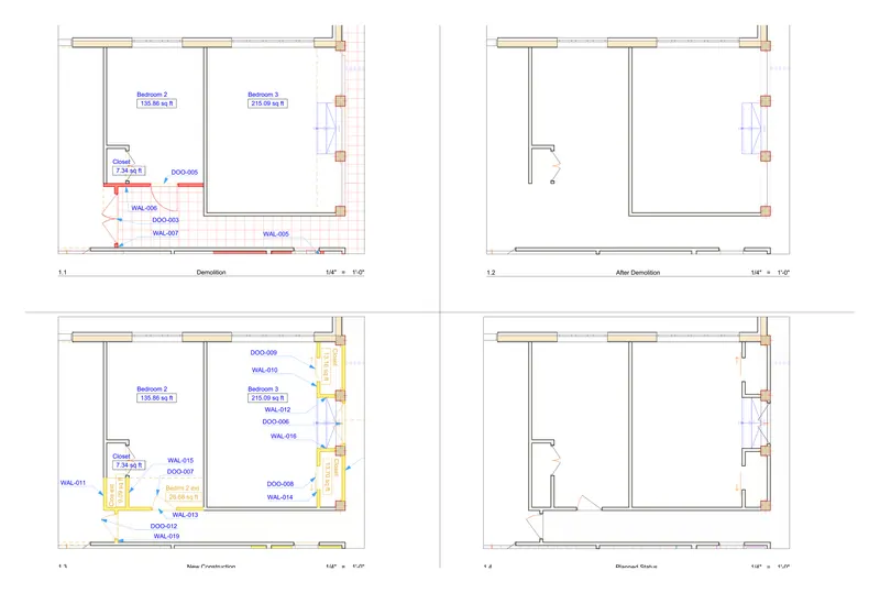 Residence renovation — bedrooms and hall — Bedrooms 2 and 3 and the closet — the same four stages