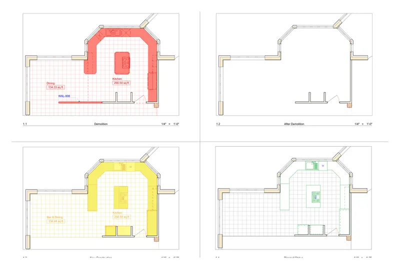 Residence renovation — kitchen and bar — The old kitchen out, a new island kitchen and bar in