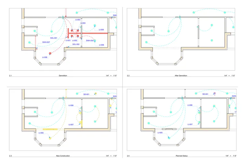 Residence renovation — master bath lighting — Fittings removed, then the new downlights and switching