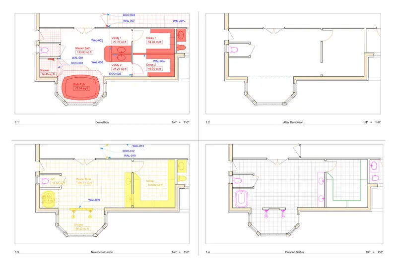 Residence renovation — master bath — Demolition, after demolition, new work and the planned layout on one sheet