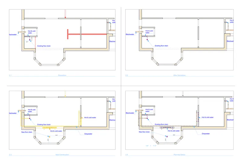 Residence renovation — master bath plumbing — Existing drains and supply, then the new hot and cold, waste and grey-water runs