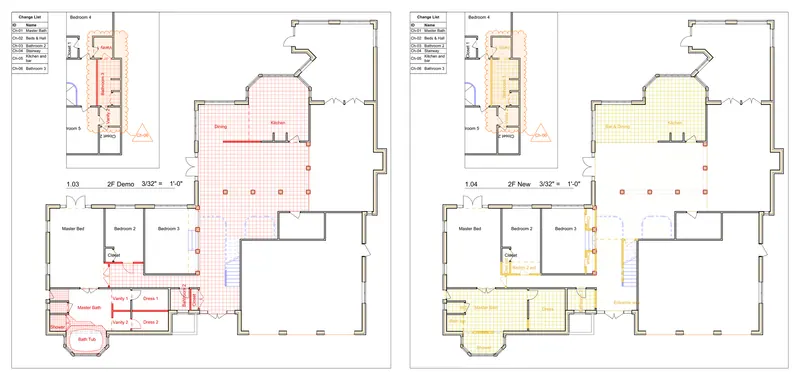Residence renovation — demolition and new plans — The whole first floor twice: what comes out in red, what goes in in yellow