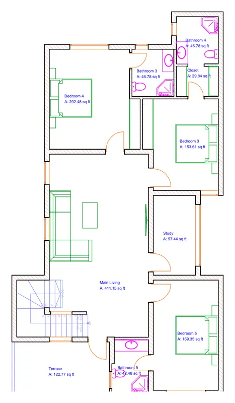 Two-storey villa — first floor plan — Bedrooms 3 to 5, a family living room, the study and a front terrace