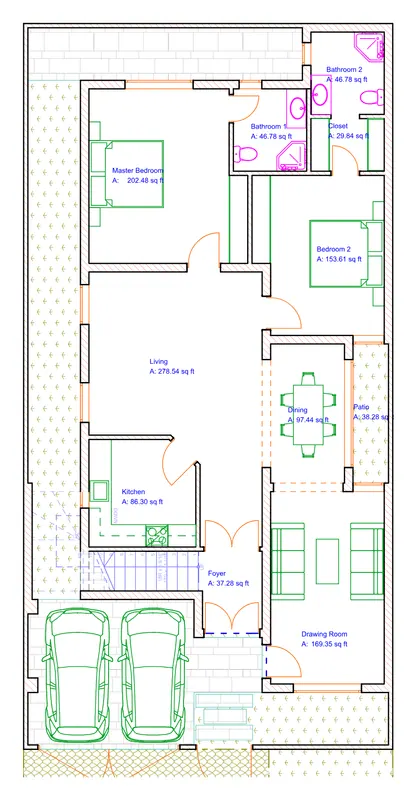 Two-storey villa — ground floor plan — Master bedroom and bedroom 2, living, dining, kitchen, drawing room and the double garage — every room with its area