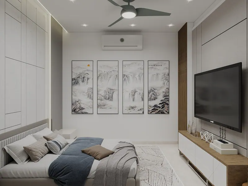 Apartment — bedroom with TV wall — Interior visualization