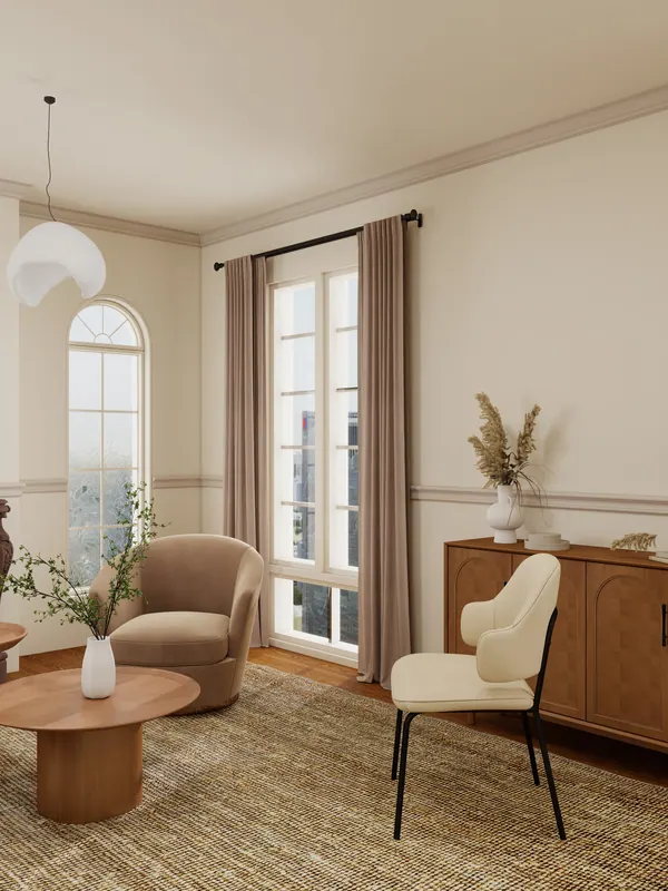 Arched living room — portrait view — Interior visualization