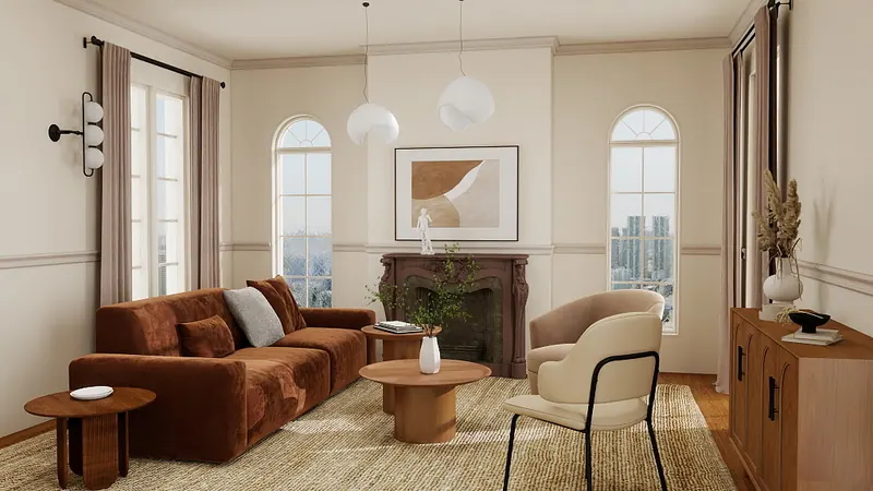 Arched living room — velvet sofa — Interior visualization