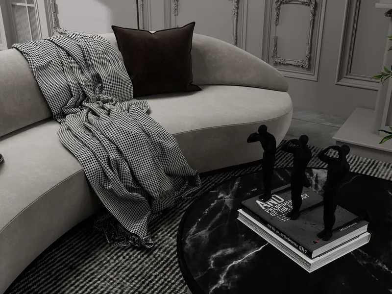Grey residence — sofa and sculpture — Interior visualization