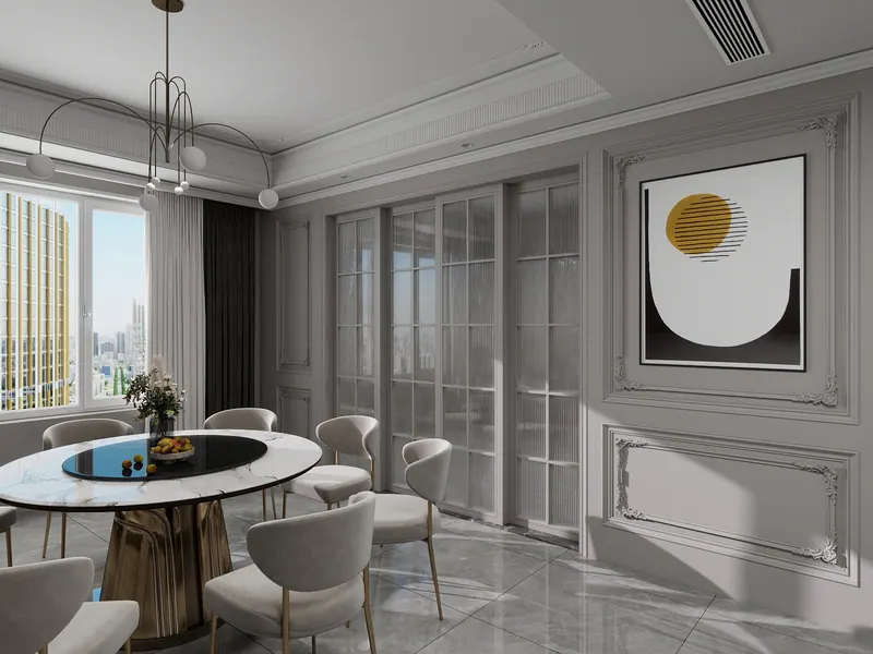 Grey residence — dining by the window — Interior visualization