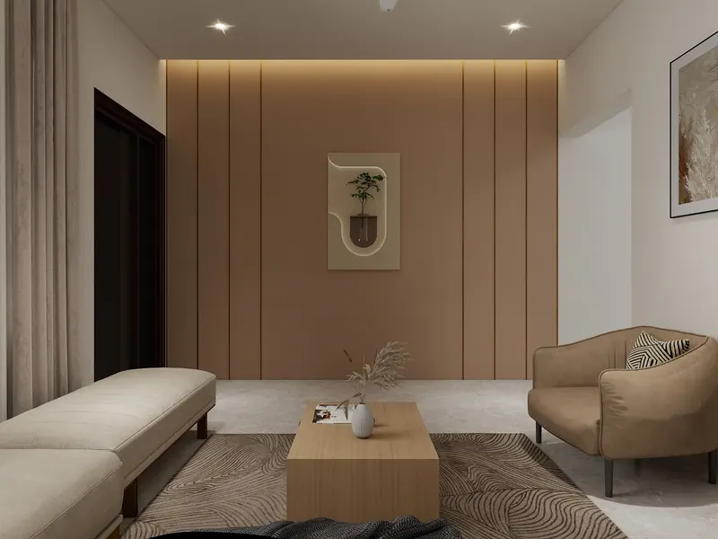 Sand living room — timber wall — Interior visualization