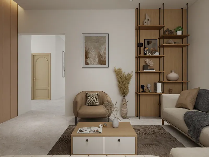 Sand living room — shelving — Interior visualization