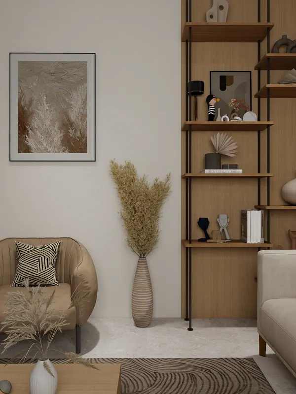 Sand living room — shelving corner — Interior visualization