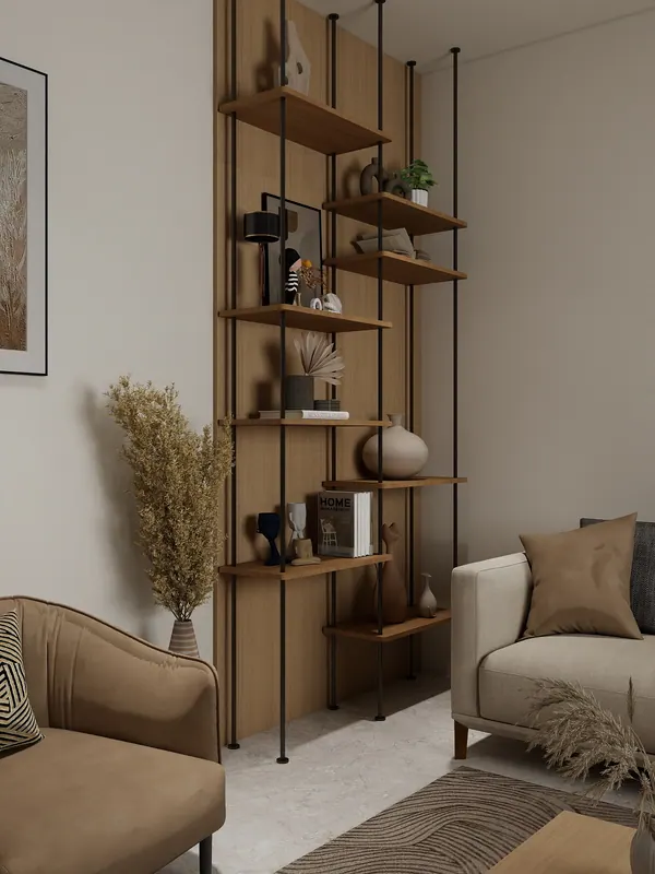 Sand living room — shelving and sofa — Interior visualization